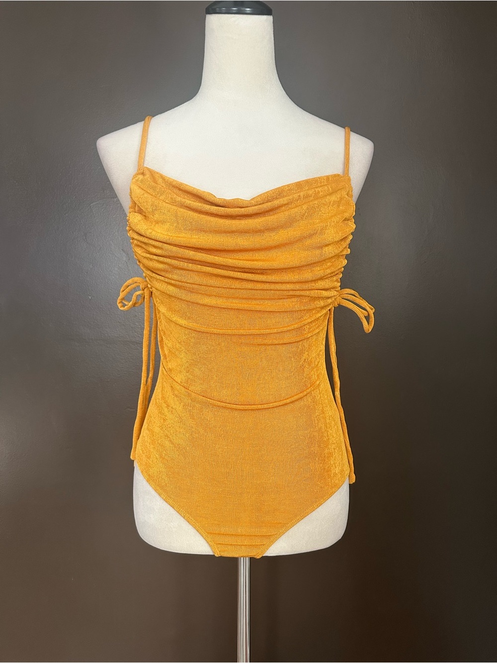 HELLO MOLLY Stretch Ruched Open Side Baddie Cowl Neck Bodysuit NWT XSmall